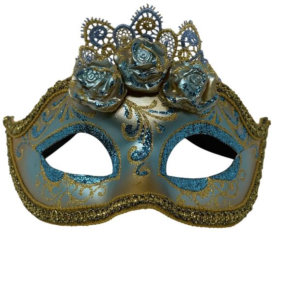 La Maschera del Galeone Venetian Mask 2013 Hand Painted Italy Blue Gold Roses - Picture 2 of 9